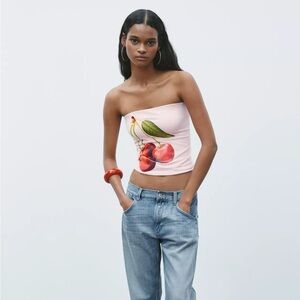 Zara Pink Cherry Print Polyamide Top